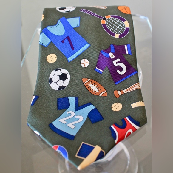 SAVE THE CHILDREN COLLECTION MENS TIE PLAY BALL SILK HAND MADE USA OLIVE SPORTS - Picture 2 of 7